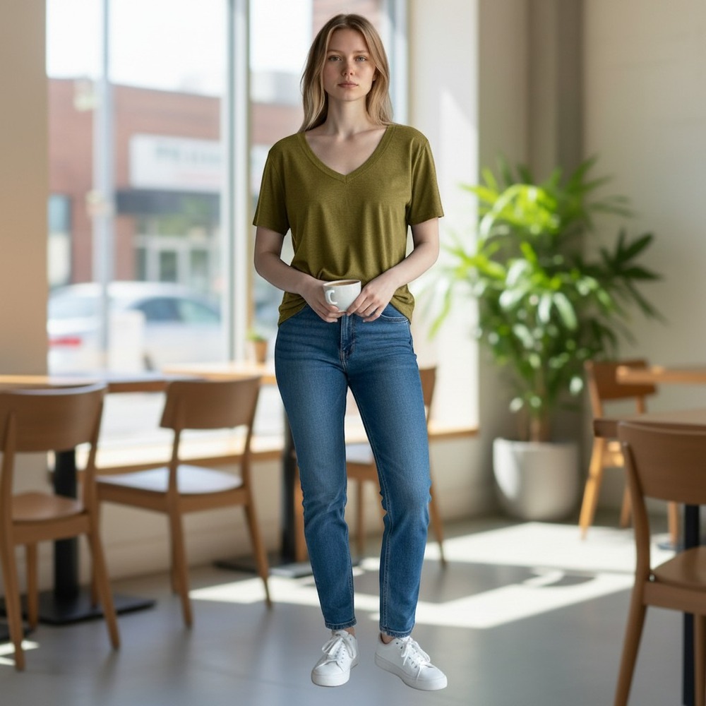J. Jill Pima Cotton V-Neck A-Line Tee Olive Green Short Sleeve Top Large